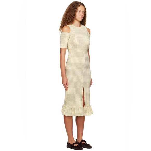 Ganni Beige Khaki Smocked Seersucker Gingham Cold Shoulder Dress, size 34 - Picture 4 of 14